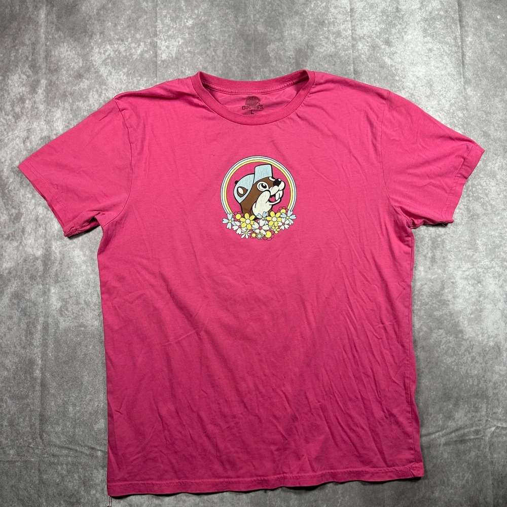 Buc-ee's Is My Happy Place Graphic T-Shirt Womens Large L Pink Floral Rainbow‎